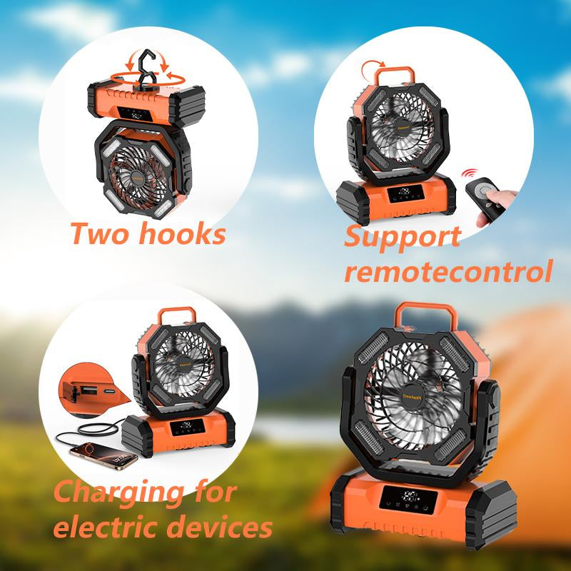 Featwell 20000Mah Rechargeable Camping Fan with LED Light, 5-Speed Fan Adjustment, Remote Control, 270° Adjustable Wind Direction, Touchscreen Interface