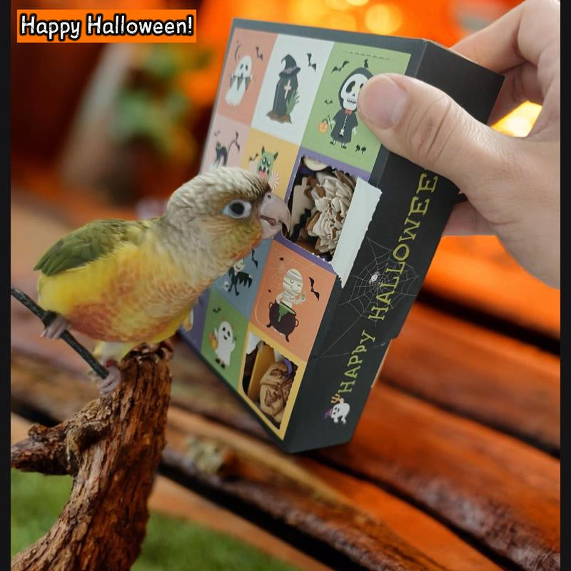 Halloween Foraging Box - 12-Grid Natural Chew Toy for Birds & Small Pets with Sola Flowers, Wood Blocks & Holiday Edible Chews, Interactive Surprise Box with Hanging Hook