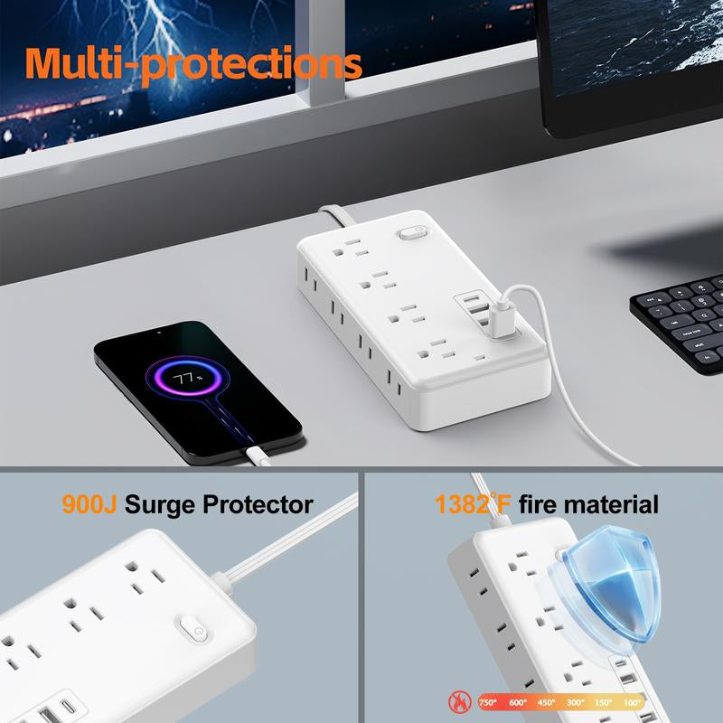 Flat Plug Surge Protector Outlet Extender Power Strip with Extension Cord, 8 AC Outlets, 4 USB Charging Ports (3 USB a & 1 USB C), Desk Charging Station, Compact Power Strip Outlet Extender for Home Dorm Office Travel Essentials