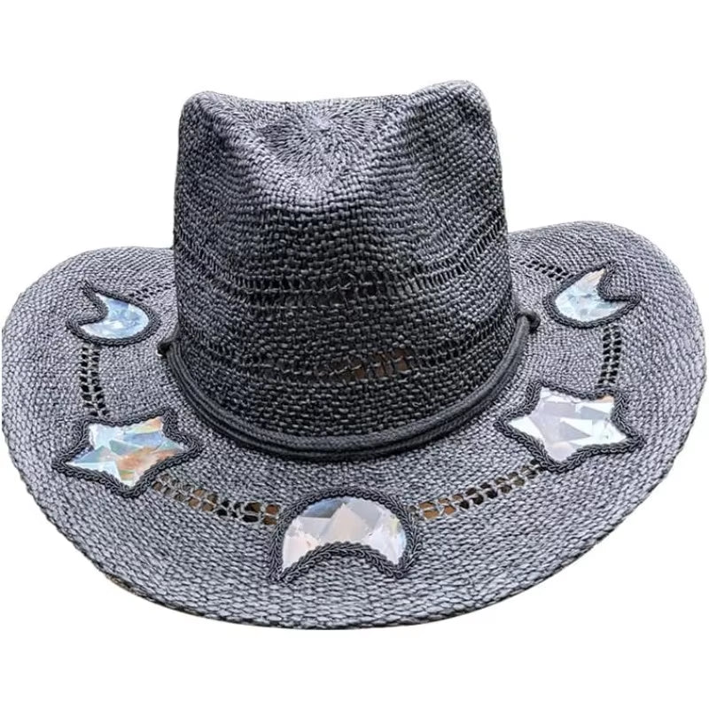 Suncatcher Cowgirl Straw Prism Hat Hand-Woven Wide Shapeable Brim Rainbow Prism Hat Sun Beach Western Cowboy Hat for Women