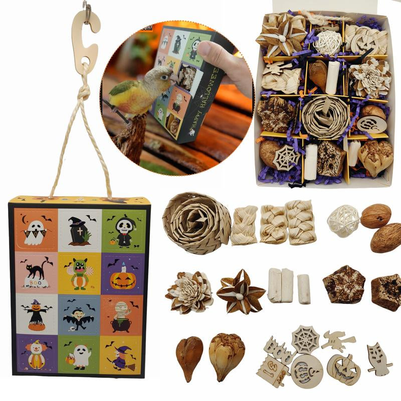 Halloween Foraging Box - 12-Grid Natural Chew Toy for Birds & Small Pets with Sola Flowers, Wood Blocks & Holiday Edible Chews, Interactive Surprise Box with Hanging Hook
