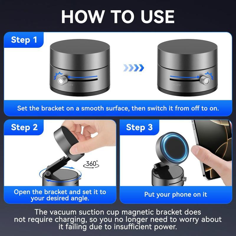 2025 New Vacuum Magnetic Suction Phone Holder, Upgraded Magnetic Suction Phone Mount, Upgraded 360° Adjustable Suction Cup Car Phone Mount,Foldable and Retractable Double-Sided ,Phone Accessories for Iphone & Android