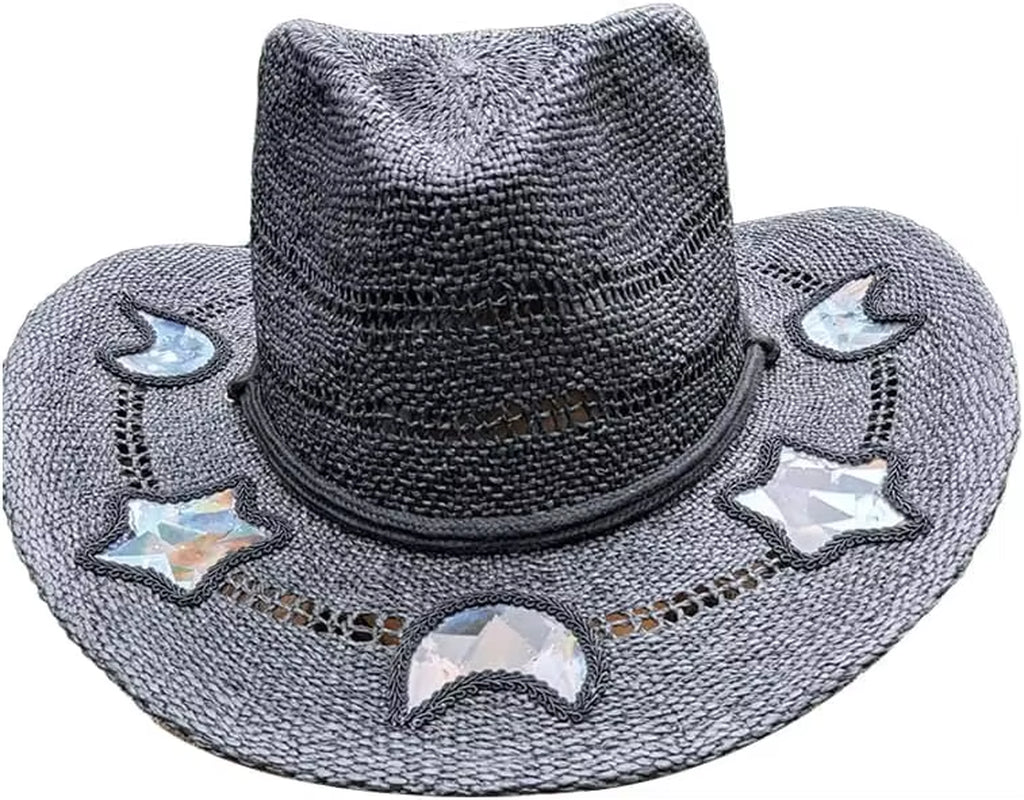 Suncatcher Cowgirl Straw Prism Hat Hand-Woven Wide Shapeable Brim Rainbow Prism Hat Sun Beach Western Cowboy Hat for Women