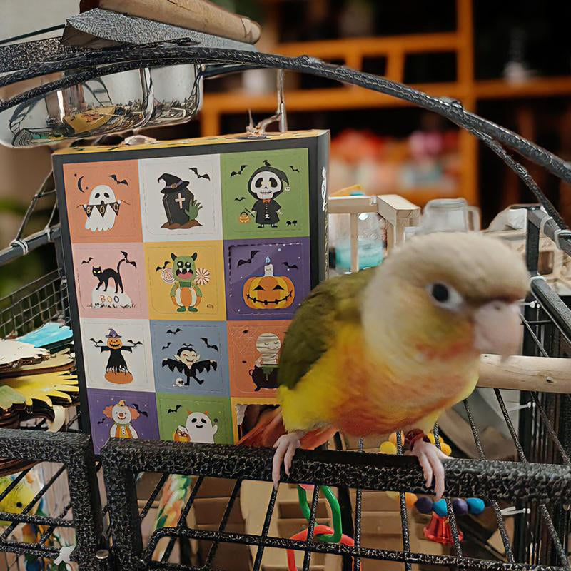Halloween Foraging Box - 12-Grid Natural Chew Toy for Birds & Small Pets with Sola Flowers, Wood Blocks & Holiday Edible Chews, Interactive Surprise Box with Hanging Hook