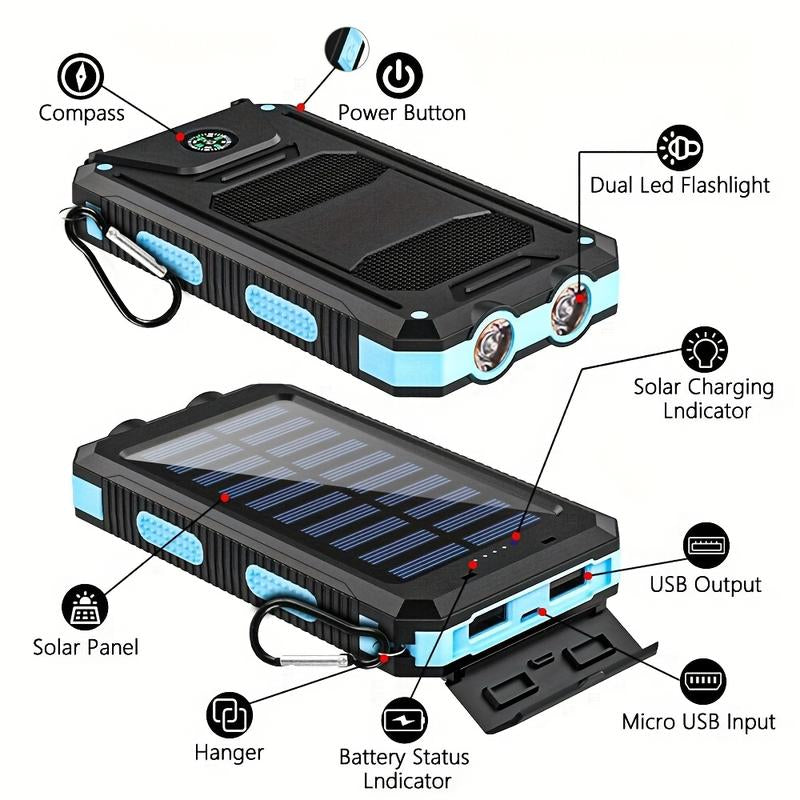 20000Mah Solar Charger Power Bank,Built-In USB-A Type-C Micro USB Ports Fast Charging,Flashlight,Carabiner,Outdoor Portable Emergency Power Bank Portable Charger Iphone Compact Water Proof Chargeable