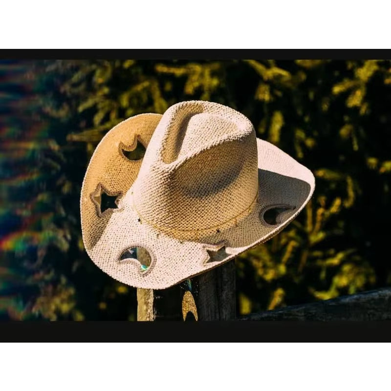 Suncatcher Cowgirl Straw Prism Hat Hand-Woven Wide Shapeable Brim Rainbow Prism Hat Sun Beach Western Cowboy Hat for Women
