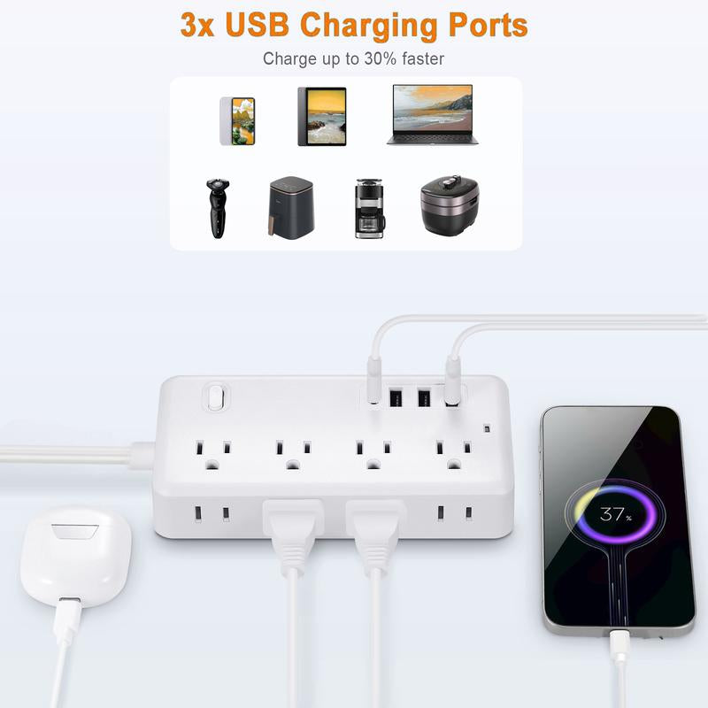 Flat Plug Surge Protector Outlet Extender Power Strip with Extension Cord, 8 AC Outlets, 4 USB Charging Ports (3 USB a & 1 USB C), Desk Charging Station, Compact Power Strip Outlet Extender for Home Dorm Office Travel Essentials
