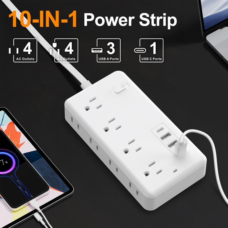 Flat Plug Surge Protector Outlet Extender Power Strip with Extension Cord, 8 AC Outlets, 4 USB Charging Ports (3 USB a & 1 USB C), Desk Charging Station, Compact Power Strip Outlet Extender for Home Dorm Office Travel Essentials
