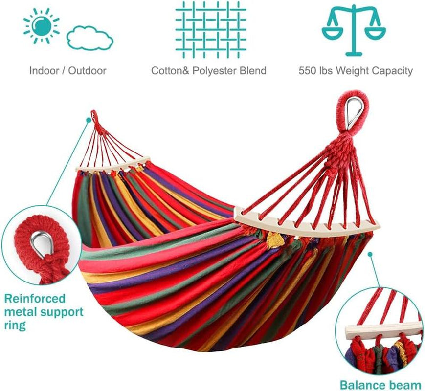Camping Hammock 550Lb Upgraded Thickened 320G Durable Canvas Fabric Single Hammocks with Two anti Roll Balance Beam and Sturdy Metal Knot Tree Straps for Camping, Patio, Backyard, Outdoor