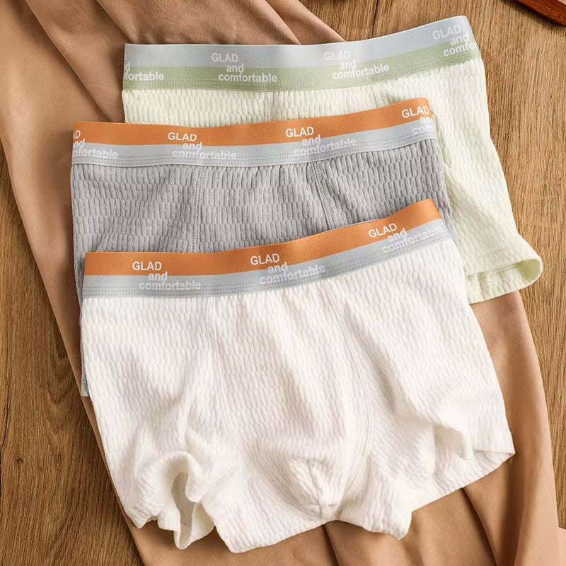 Bubble Cotton Men'S Boxer Briefs Antibacterial Breathable Sweat Absorbent Slim Mid-Waist Underwears Solid Color Sports Panties