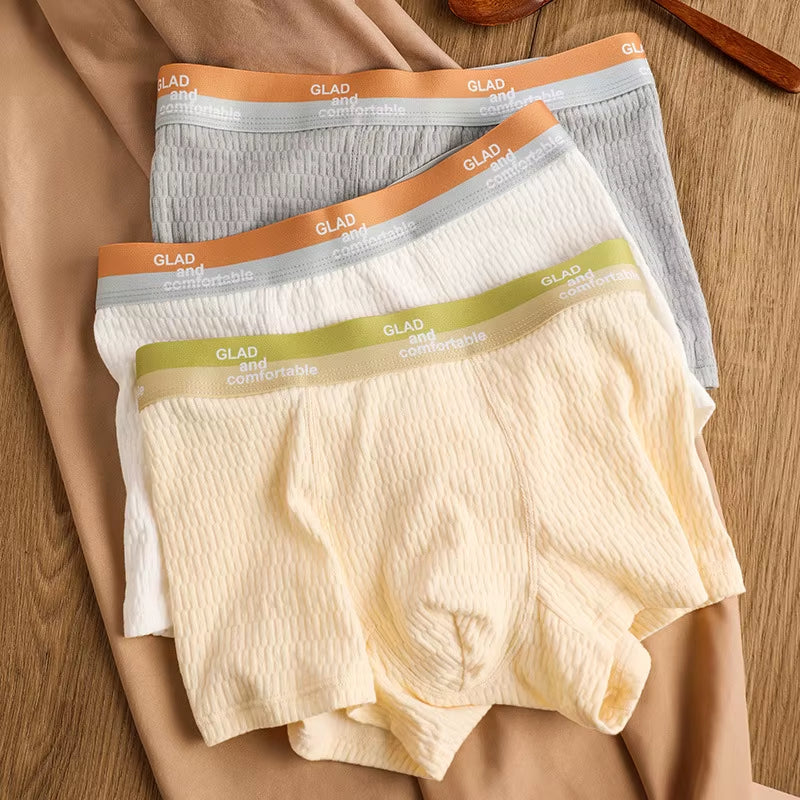 Bubble Cotton Men'S Boxer Briefs Antibacterial Breathable Sweat Absorbent Slim Mid-Waist Underwears Solid Color Sports Panties