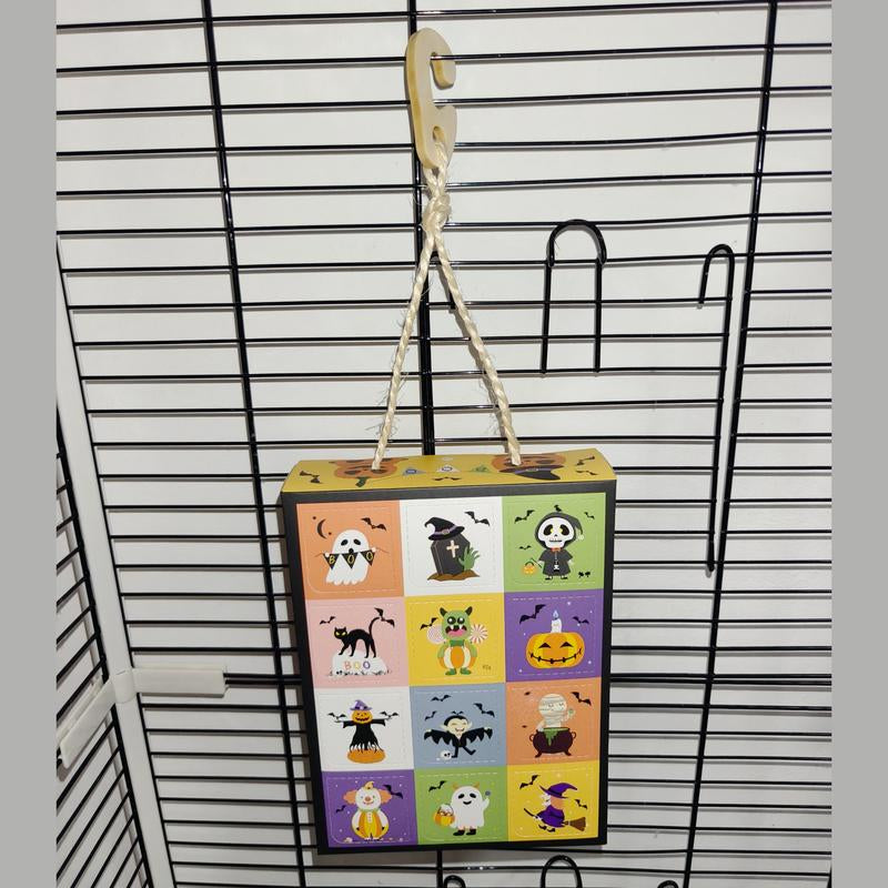 Halloween Foraging Box - 12-Grid Natural Chew Toy for Birds & Small Pets with Sola Flowers, Wood Blocks & Holiday Edible Chews, Interactive Surprise Box with Hanging Hook
